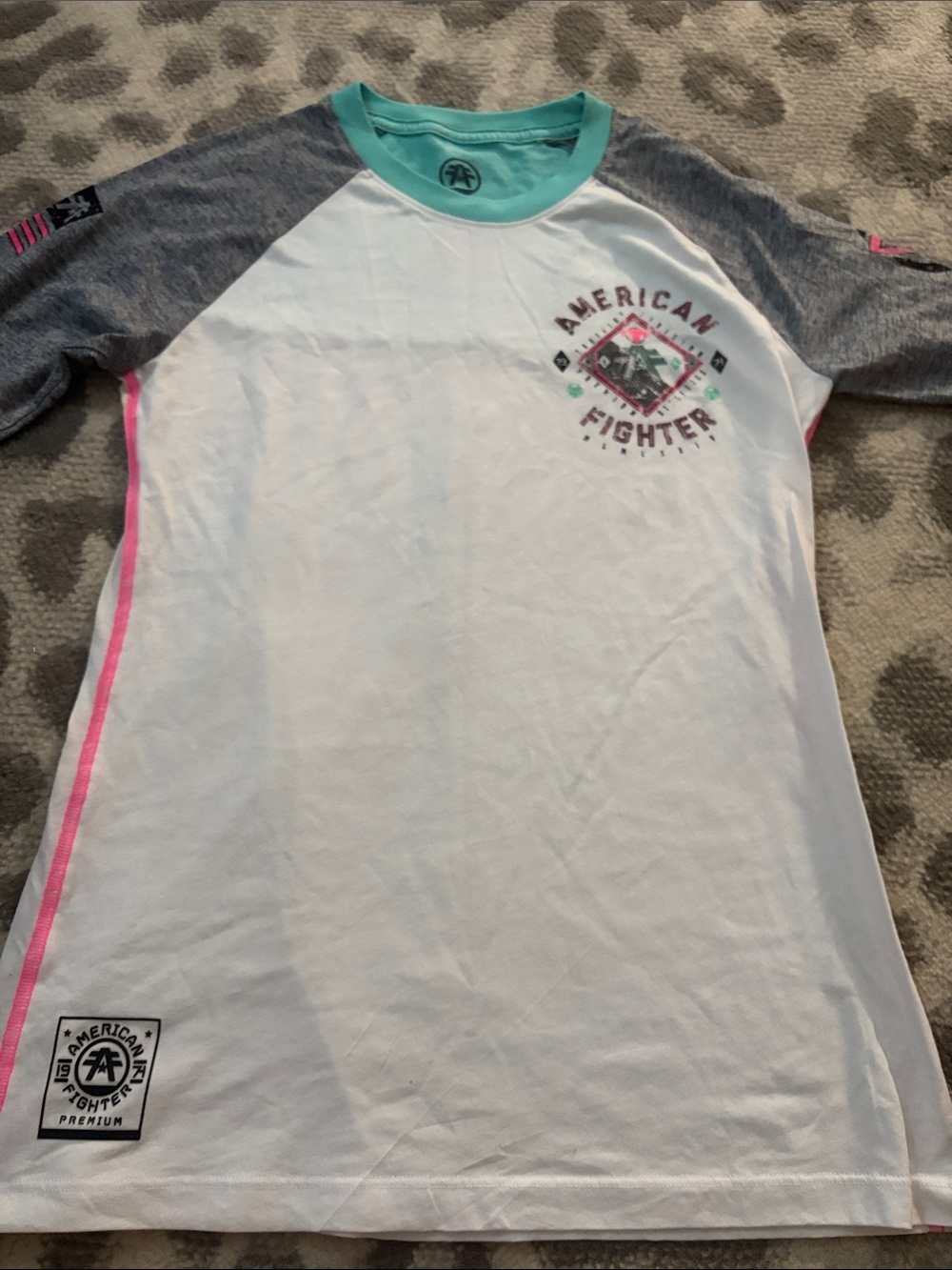 American Fighter White Tee with Gray Raglan Sleeves and Mint Neck